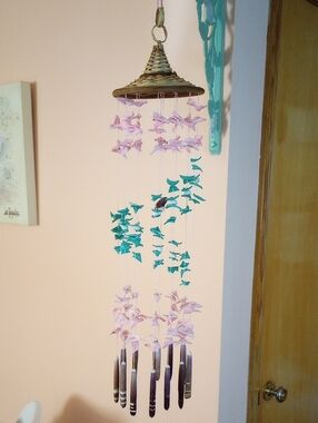 Handmade Wind Chime - Pink & Teal Features Tiny Bird